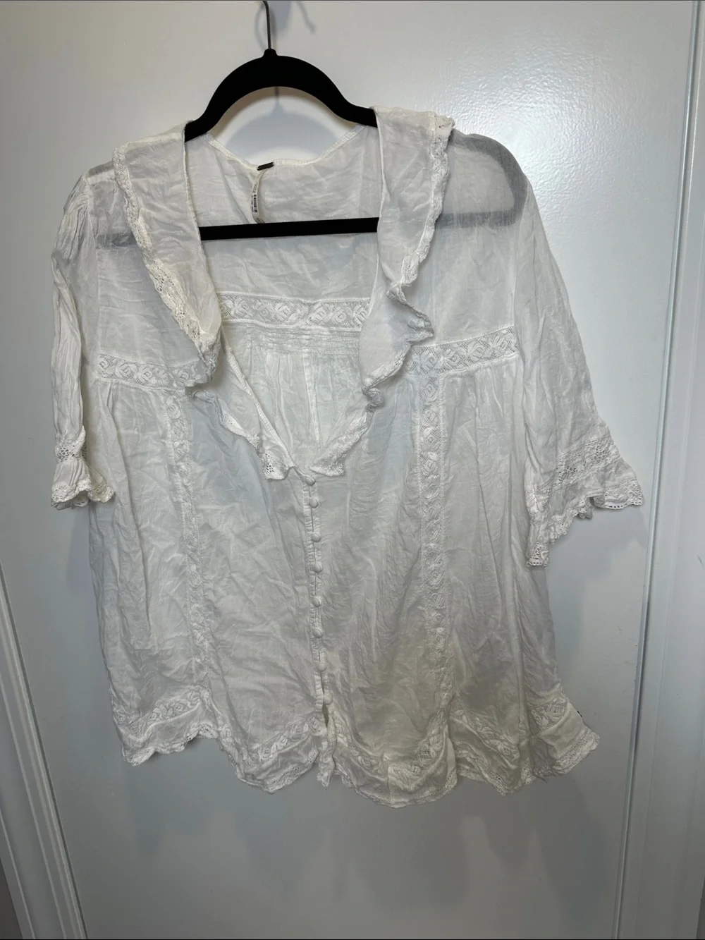 Free People White Ruffled Lace-Trim Blouse (19)